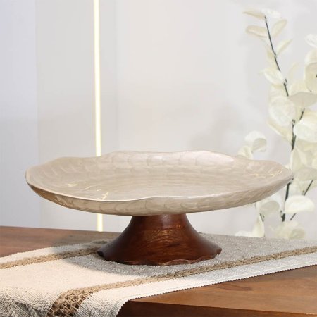 جاط فواكه معدن بيج 36سم مدور حيف هابط 89647 قاعده خشب بني B هندي %ס14